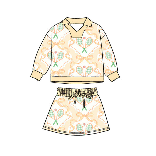 (Pre Order) No moq GLD1475 PRE-ORDER baby girl clothes bow yellow long sleeve skirts sets-2025.11.4