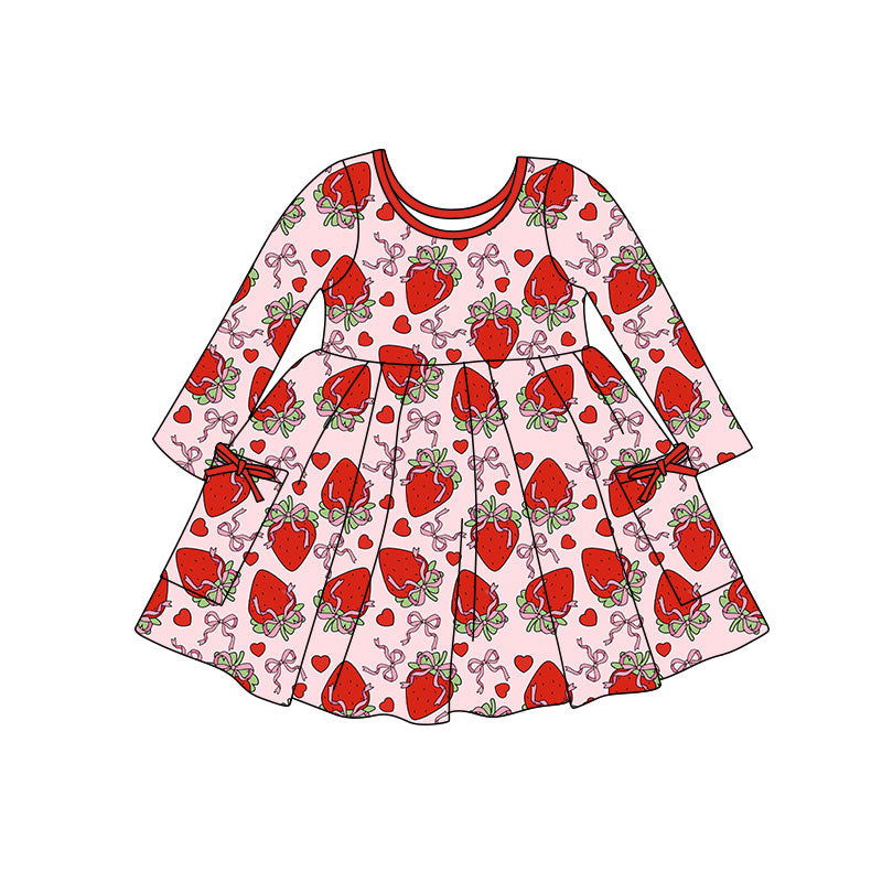 (Pre Order) No moq GLD1489 PRE-ORDER baby girl clothes bow love strawberry long sleeve dress-2025.11.7