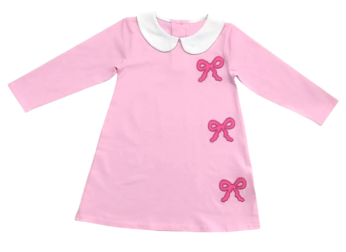 (Pre Order) No moq GLD1494 PRE-ORDER baby girl clothes bow pink long sleeve dress-2025.11.7
