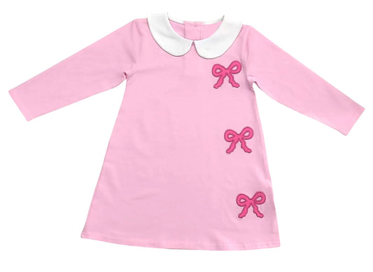 (Pre Order) No moq GLD1494 PRE-ORDER baby girl clothes bow pink long sleeve dress-2025.11.7