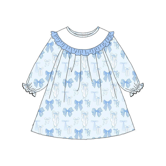 (Pre Order) No moq GLD1497 PRE-ORDER baby girl clothes bow blue long sleeve dress-2025.11.8