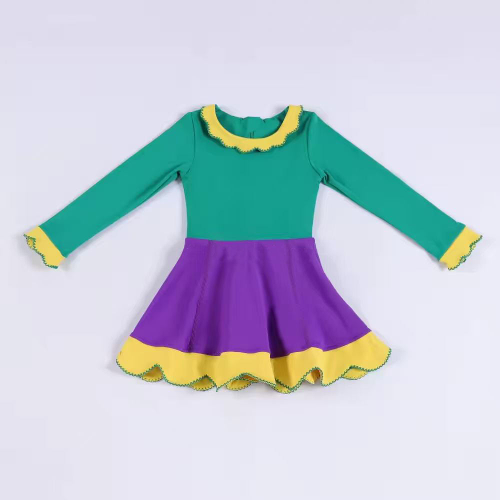 (Pre Order) No moq GLD1517 Pre-order baby girl clothe yoga green and purple long sleeve dress-2025.11.19