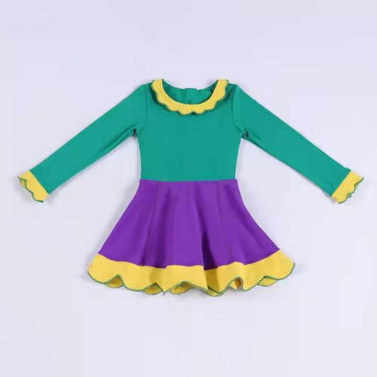 (Pre Order) No moq GLD1517 Pre-order baby girl clothe yoga green and purple long sleeve dress-2025.11.19