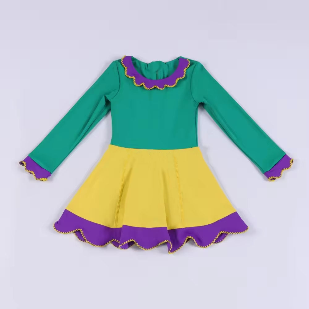(Pre Order) No moq GLD1518 Pre-order baby girl clothe yoga green and yellow long sleeve dress-2025.11.19
