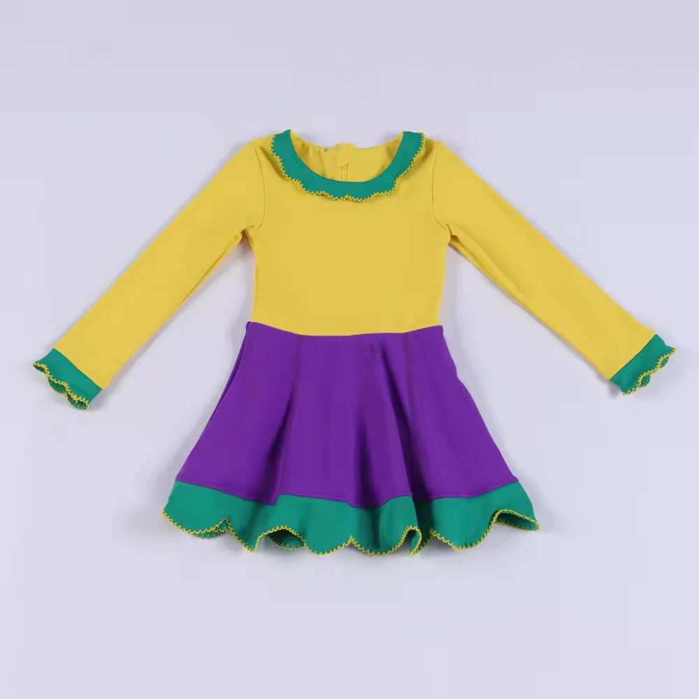 (Pre Order) No moq GLD1519 Pre-order baby girl clothe yoga yellow and purple long sleeve dress-2025.11.19