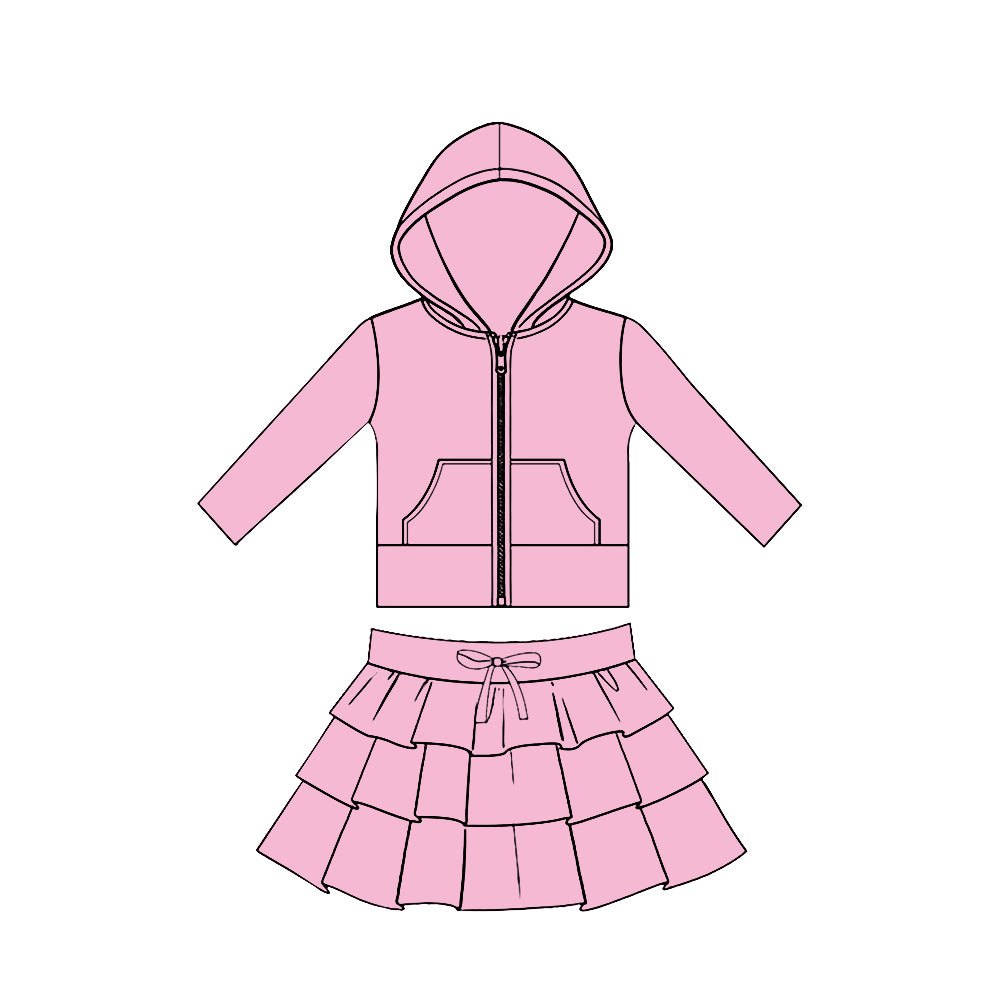 (Pre Order) No moq GLD1523 Pre-order baby girl clothe yoga pink hooded long sleeve skirts sets-2025.11.19