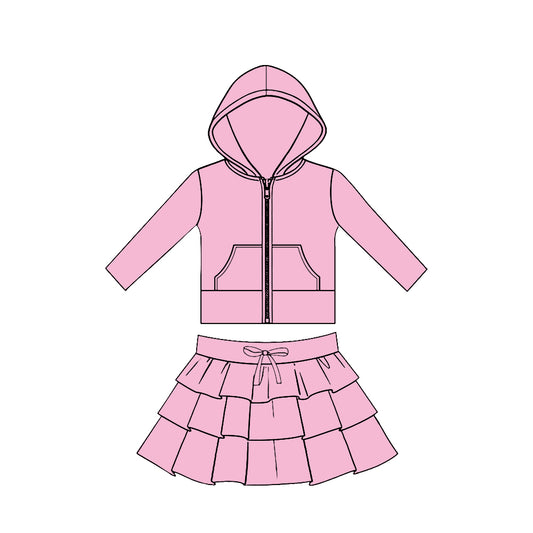 (Pre Order) No moq GLD1523 Pre-order baby girl clothe yoga pink hooded long sleeve skirts sets-2025.11.19