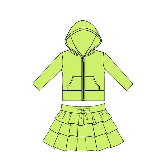 (Pre Order) No moq GLD1525 Pre-order baby girl clothe yoga green hooded long sleeve skirts sets-2025.11.19