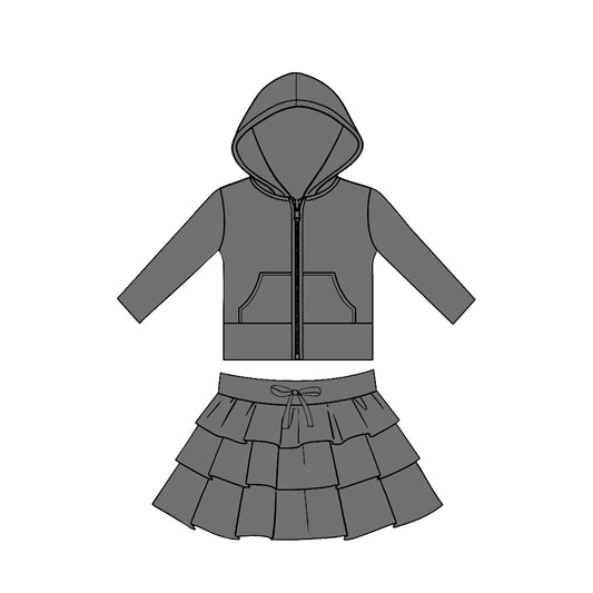 (Pre Order) No moq GLD1526 Pre-order baby girl clothe yoga gray hooded long sleeve skirts sets-2025.11.19
