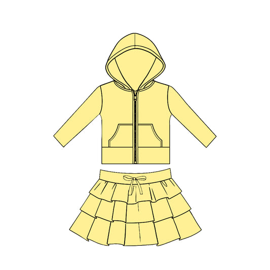 (Pre Order) No moq GLD1531 Pre-order baby girl clothe yoga yellow hooded long sleeve skirts sets-2025.11.19