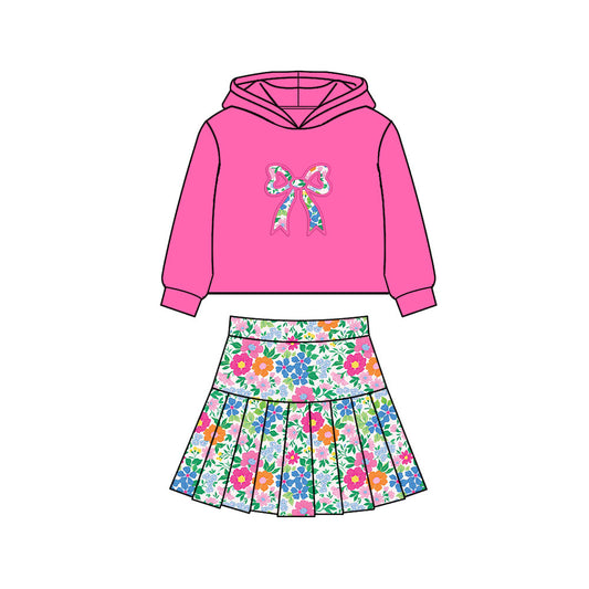 (Pre Order) No moq GLD1549 Pre-order baby girl clothes yoga bow floral hooded long sleeve skirts sets-2025.11.25