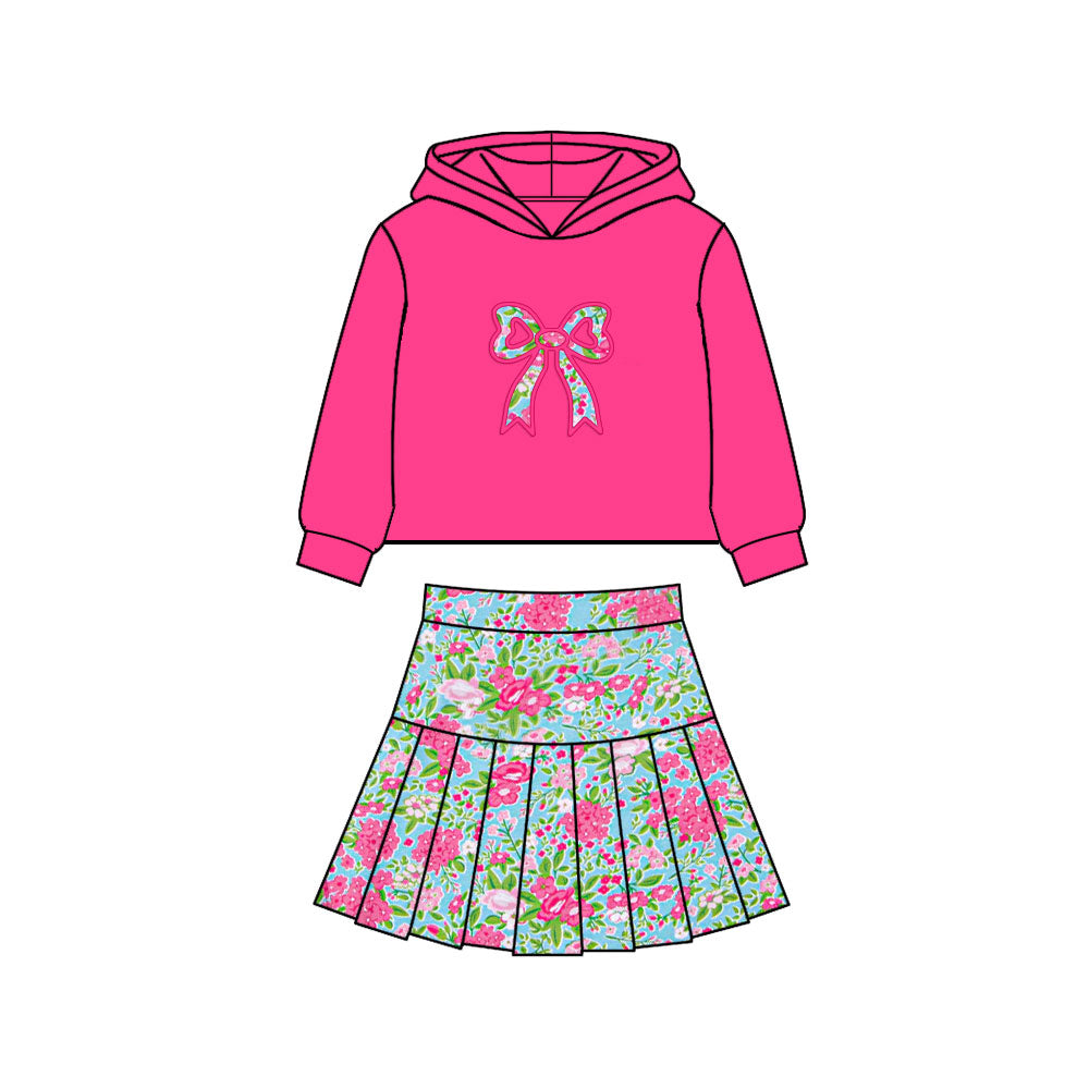 (Pre Order) No moq GLD1550 Pre-order baby girl clothes yoga bow floral hooded long sleeve skirts sets-2025.11.25