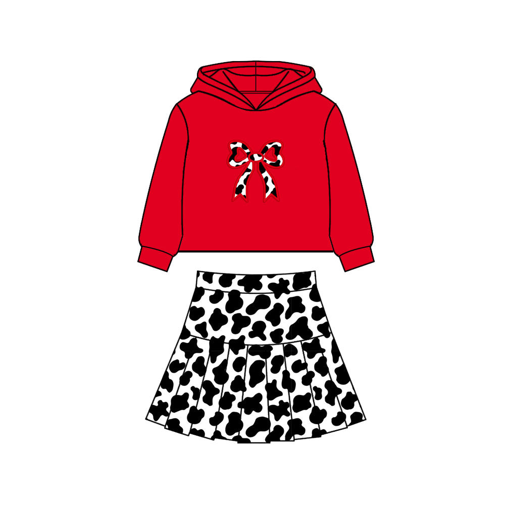 (Pre Order) No moq GLD1551 Pre-order baby girl clothes yoga cow pattern bow red hooded long sleeve skirts sets-2025.11.25