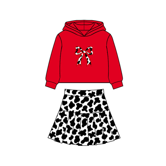 (Pre Order) No moq GLD1551 Pre-order baby girl clothes yoga cow pattern bow red hooded long sleeve skirts sets-2025.11.25