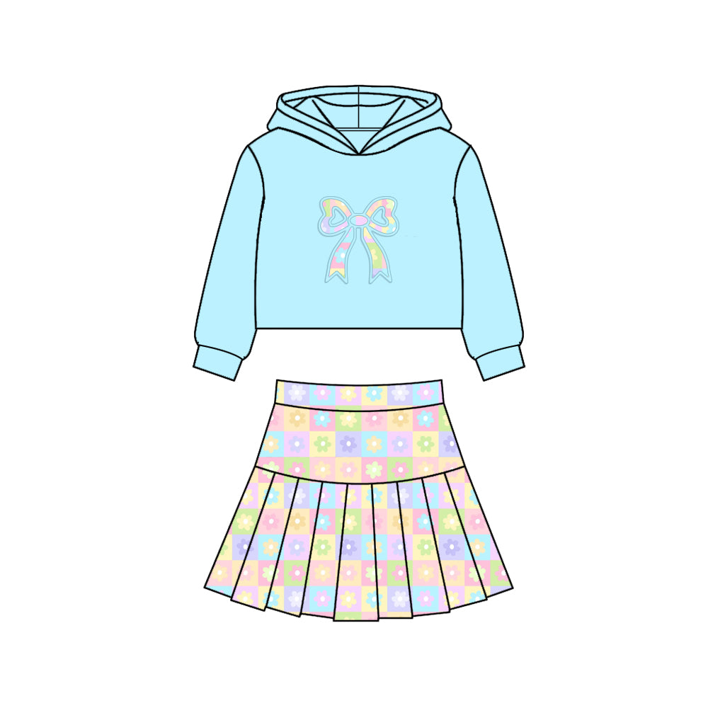 (Pre Order) No moq GLD1552 Pre-order baby girl clothes yoga bow floral blue hooded long sleeve skirts sets-2025.11.25