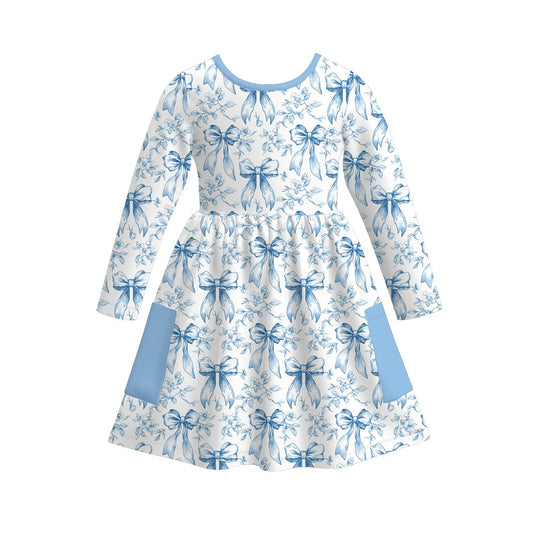 (Pre Order) No moq Pre-order baby girl clothe bow floral blue long sleeve dress