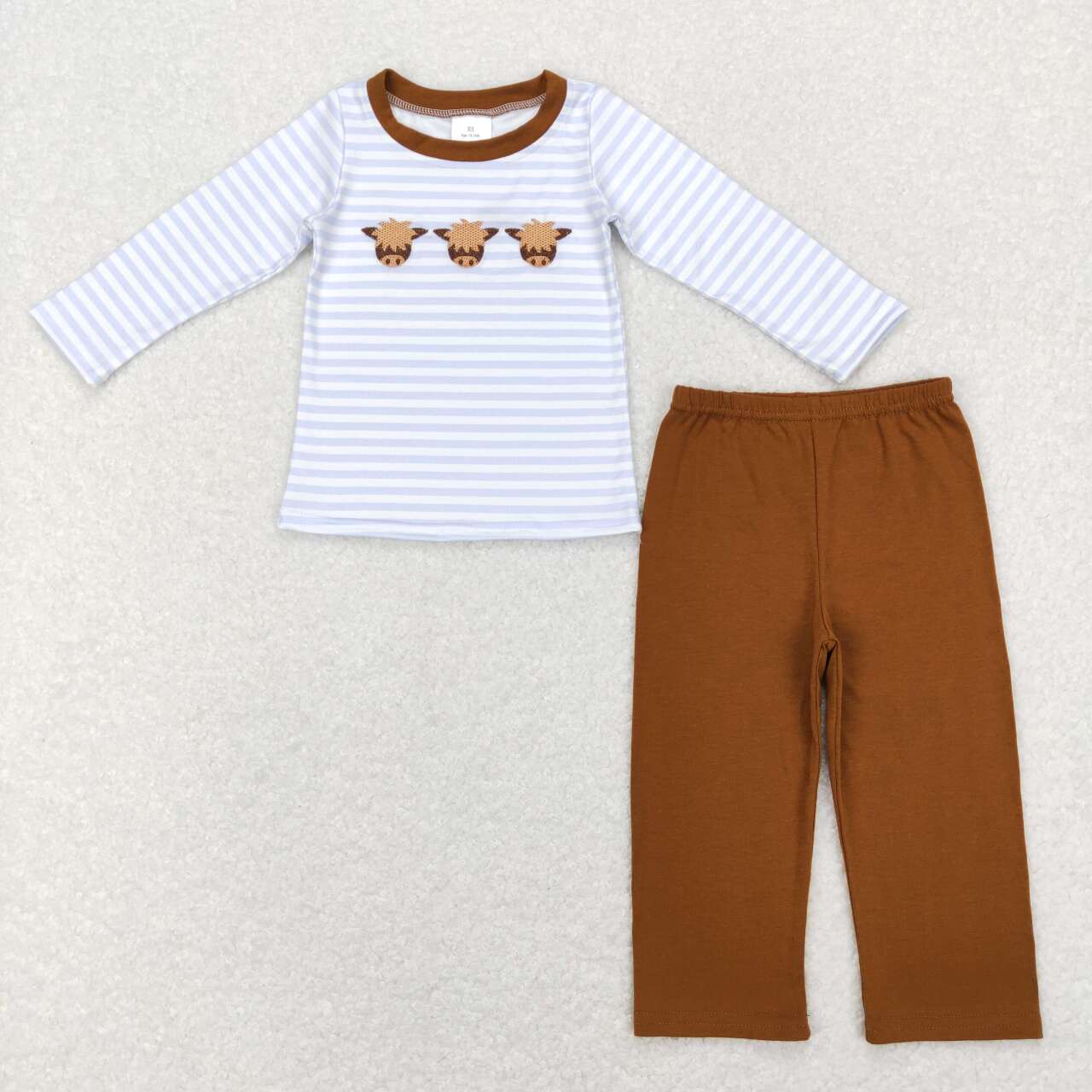 BLP0377 Embroidered cow head blue and white striped long sleeve brown trousers suit