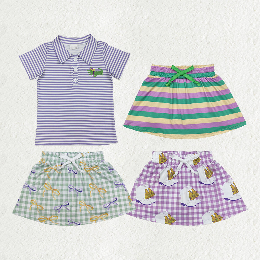 RTS NO MOQ Sibling baby girl clothes Carnival yellow green purple color matching striped culottes skirt and top