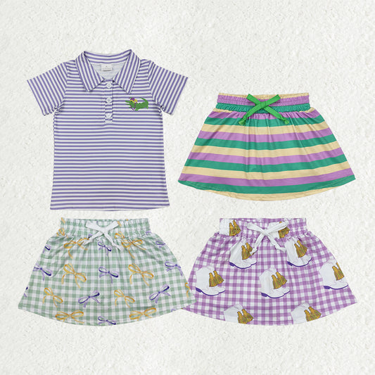RTS NO MOQ Sibling baby girl clothes Carnival yellow green purple color matching striped culottes skirt and top
