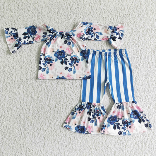 GLP0004 Girls floral long sleeve blue and white striped pants suit