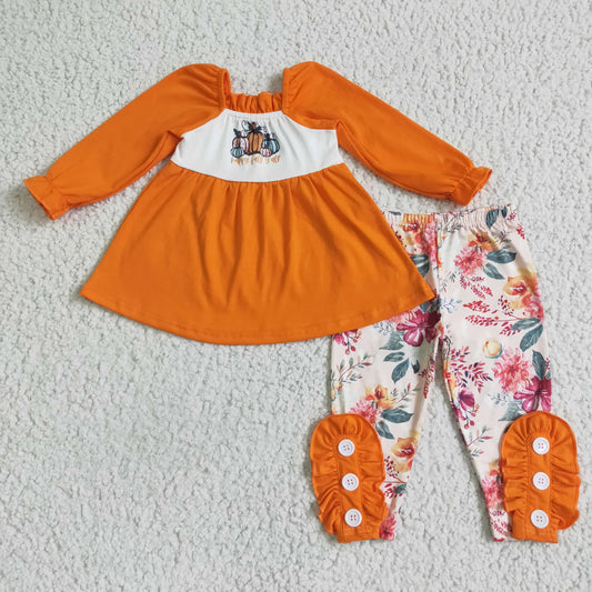 rts no moq GLP0024 Girls Autumn Pumpkin Blossom Orange Long Sleeve Pants Set