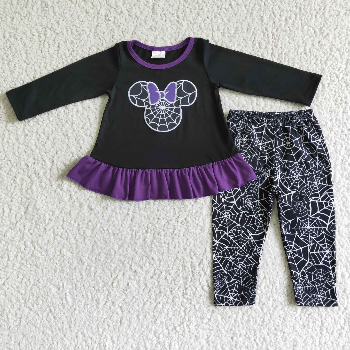 rts no moq GLP0027 Girls Embroidered Spider Web Mickey Black Long Sleeve Pants Set