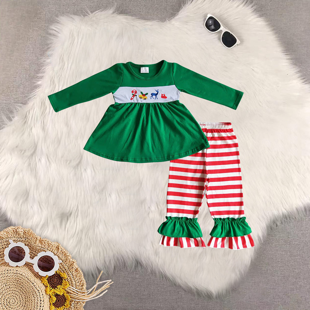 RTS NO MOQ Sibling Baby girl clothes Christmas embroidery long-sleeved trousers suit & romper