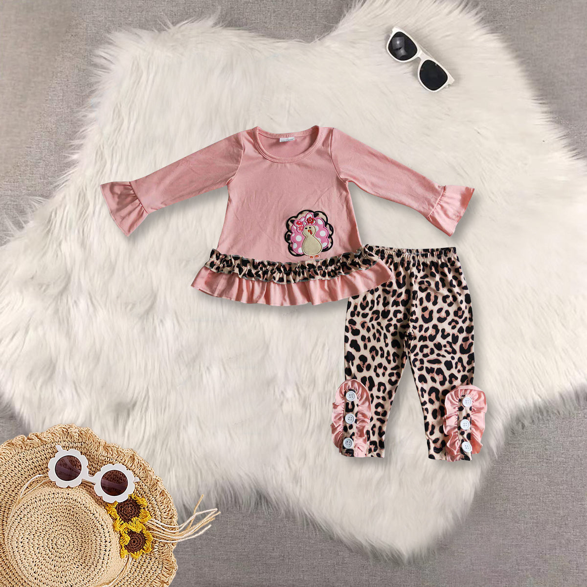 RTS Sibling baby girls clothes Embroidery thanksgiving turkey long Sleeve pants sets and rompers