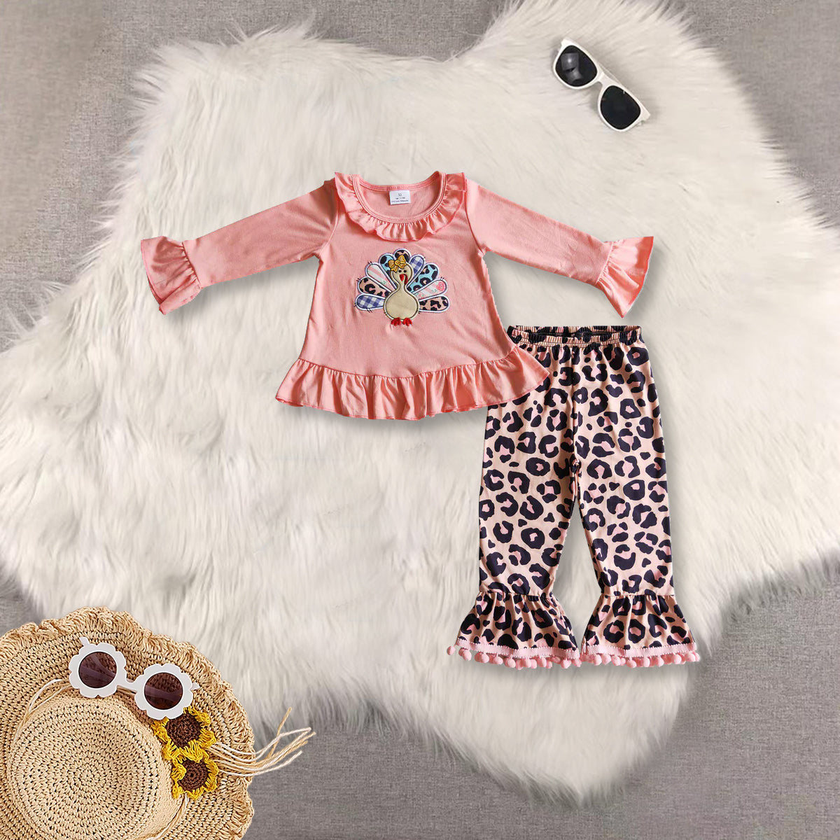 RTS Sibling baby girls clothes Embroidery thanksgiving turkey long Sleeve pants sets and rompers