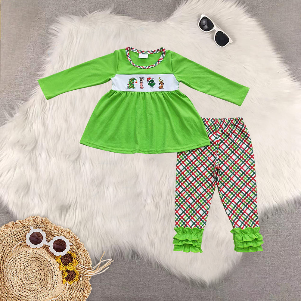 RTS NO MOQ Sibling baby girls boys clothes embroidery Christmas cartoon long-sleeved trousers suits and romper