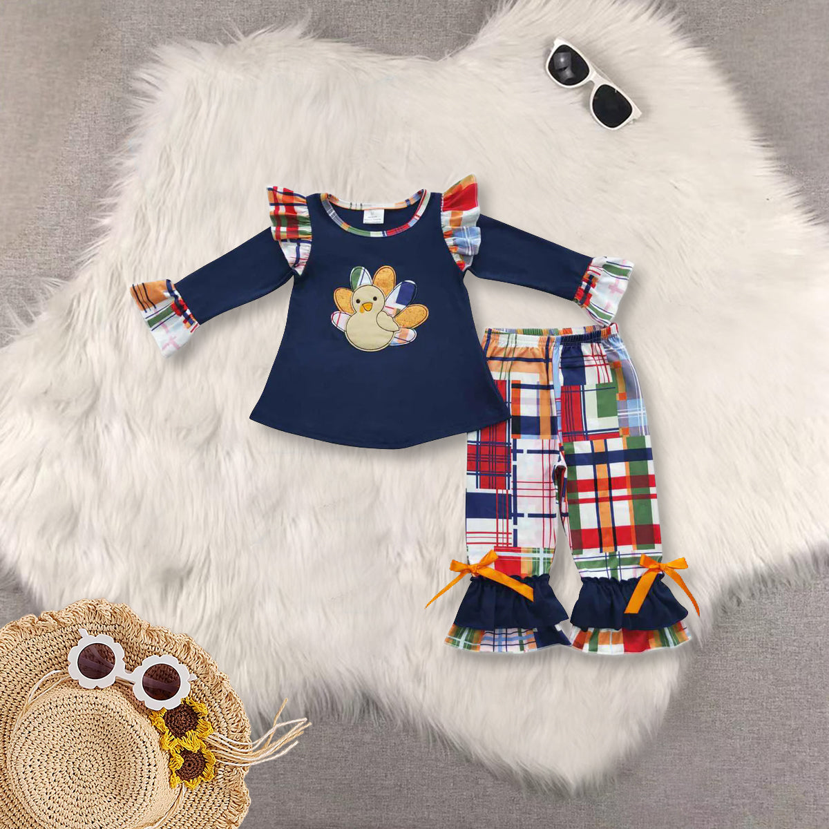 RTS NO MOQ Sibling Baby girls clothes Embroidery thanksgiving turkey long-sleeved trousers suit & rompers