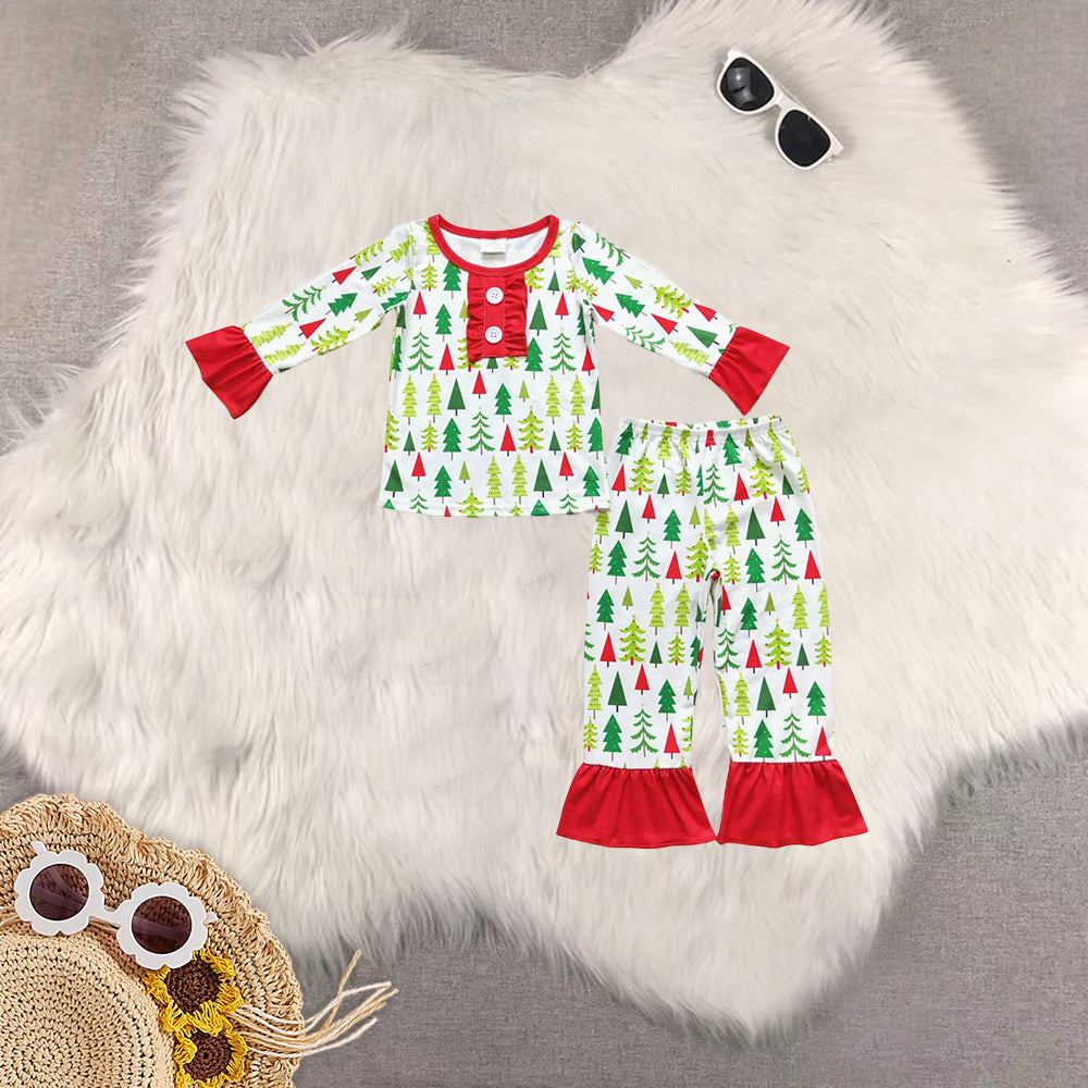 RTS NO MOQ Sibling Baby Girls Christmas Trees White Pajamas Clothes Sets rompers