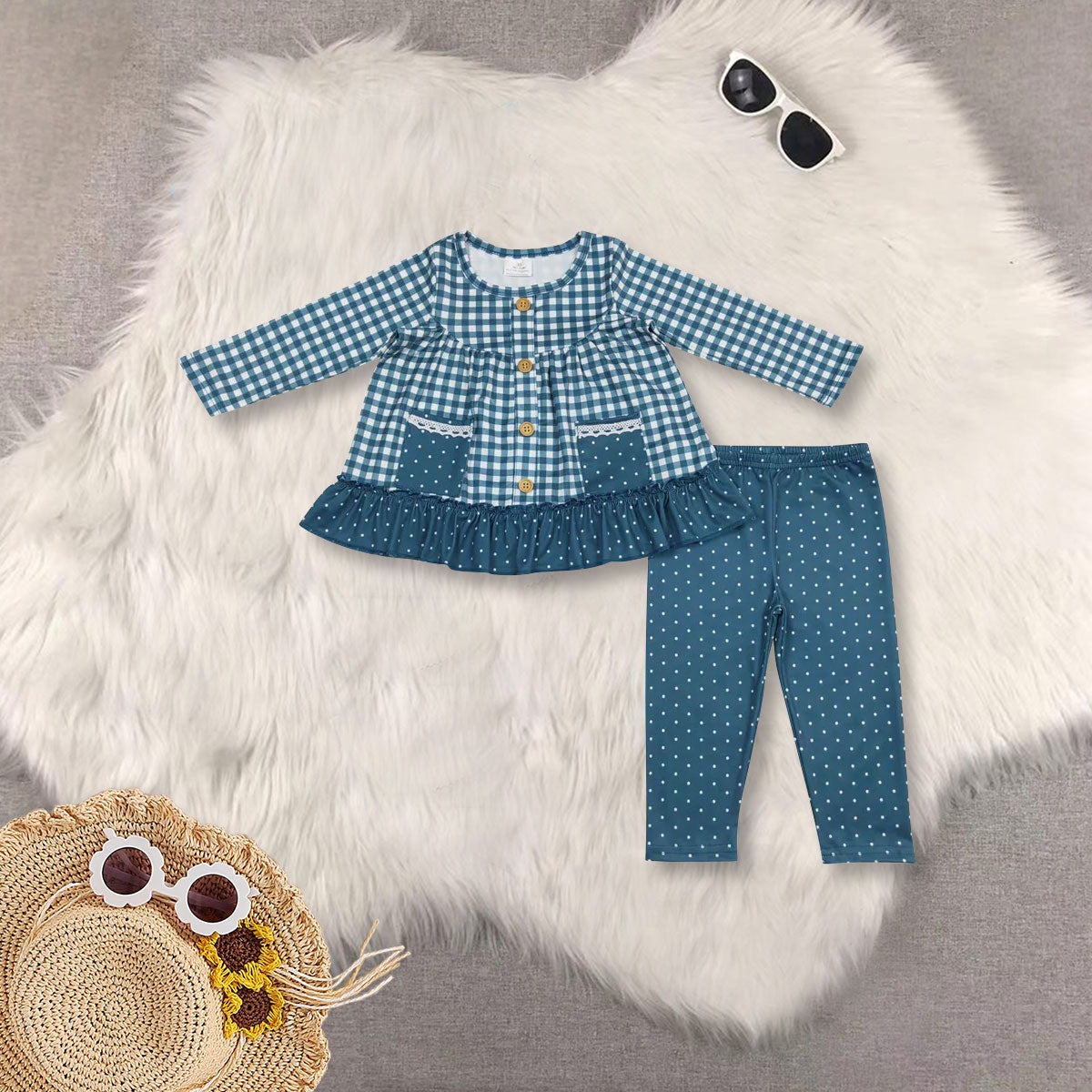 RTS NO MOQ Sibling baby girl clothes long-sleeved pink and white striped trouser suit with flower pockets