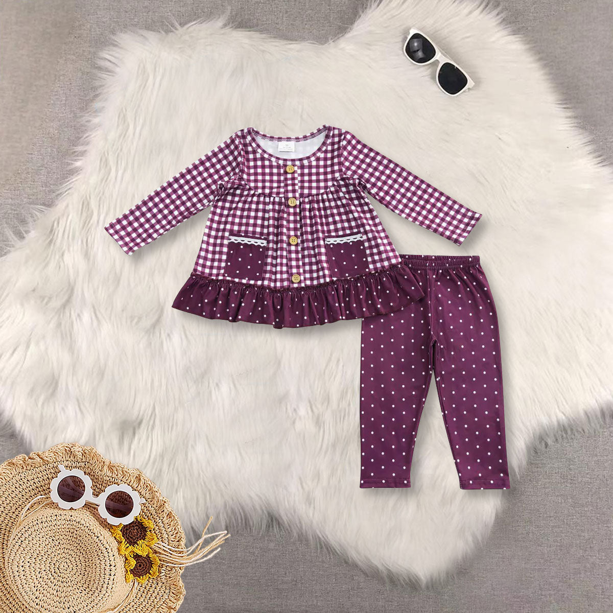 RTS NO MOQ Sibling baby girl clothes long-sleeved pink and white striped trouser suit with flower pockets