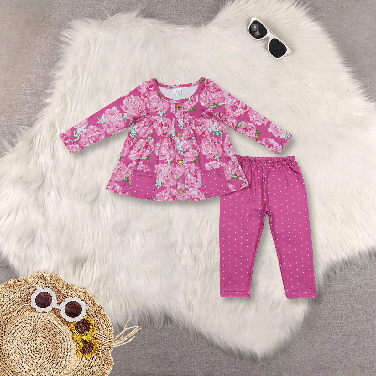 RTS NO MOQ Sibling baby girl clothes long-sleeved pink and white striped trouser suit with flower pockets