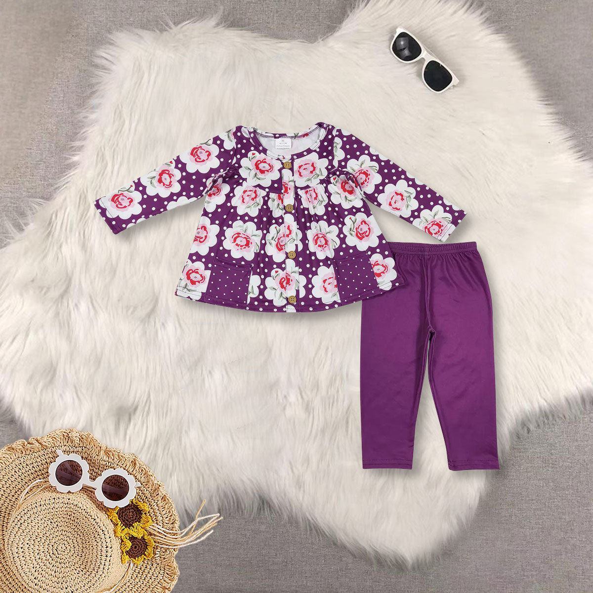 RTS NO MOQ Sibling baby girl clothes long-sleeved pink and white striped trouser suit with flower pockets