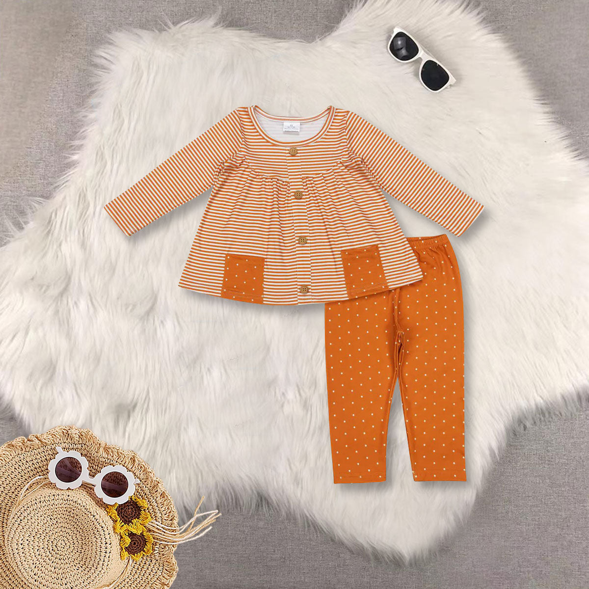 RTS NO MOQ Sibling baby girl clothes long-sleeved pink and white striped trouser suit with flower pockets