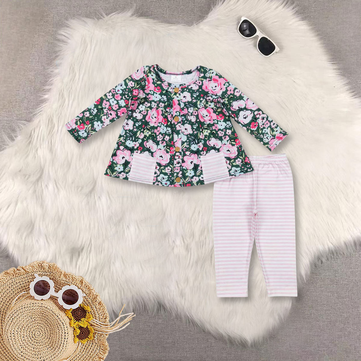 RTS NO MOQ Sibling baby girl clothes long-sleeved pink and white striped trouser suit with flower pockets