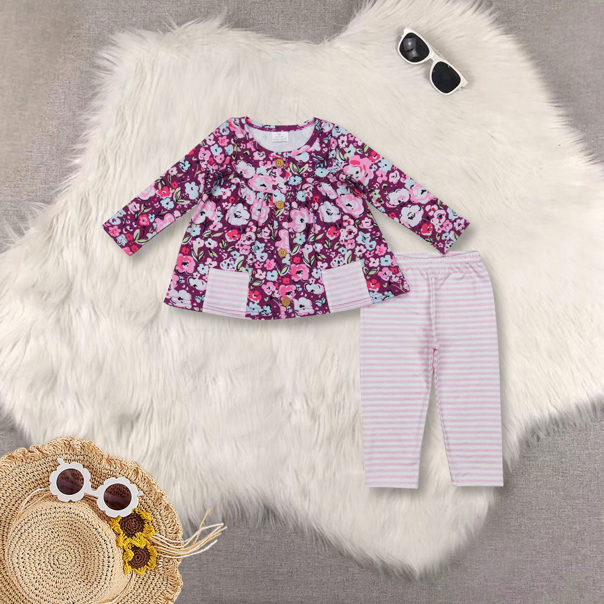 RTS NO MOQ Sibling baby girl clothes long-sleeved pink and white striped trouser suit with flower pockets
