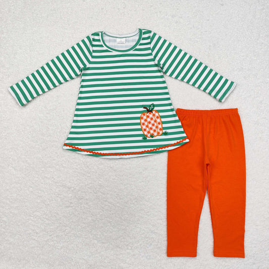 rts no moq GLP1171 Embroidery Plaid Pumpkin Green Striped Long Sleeve Orange Trousers Set