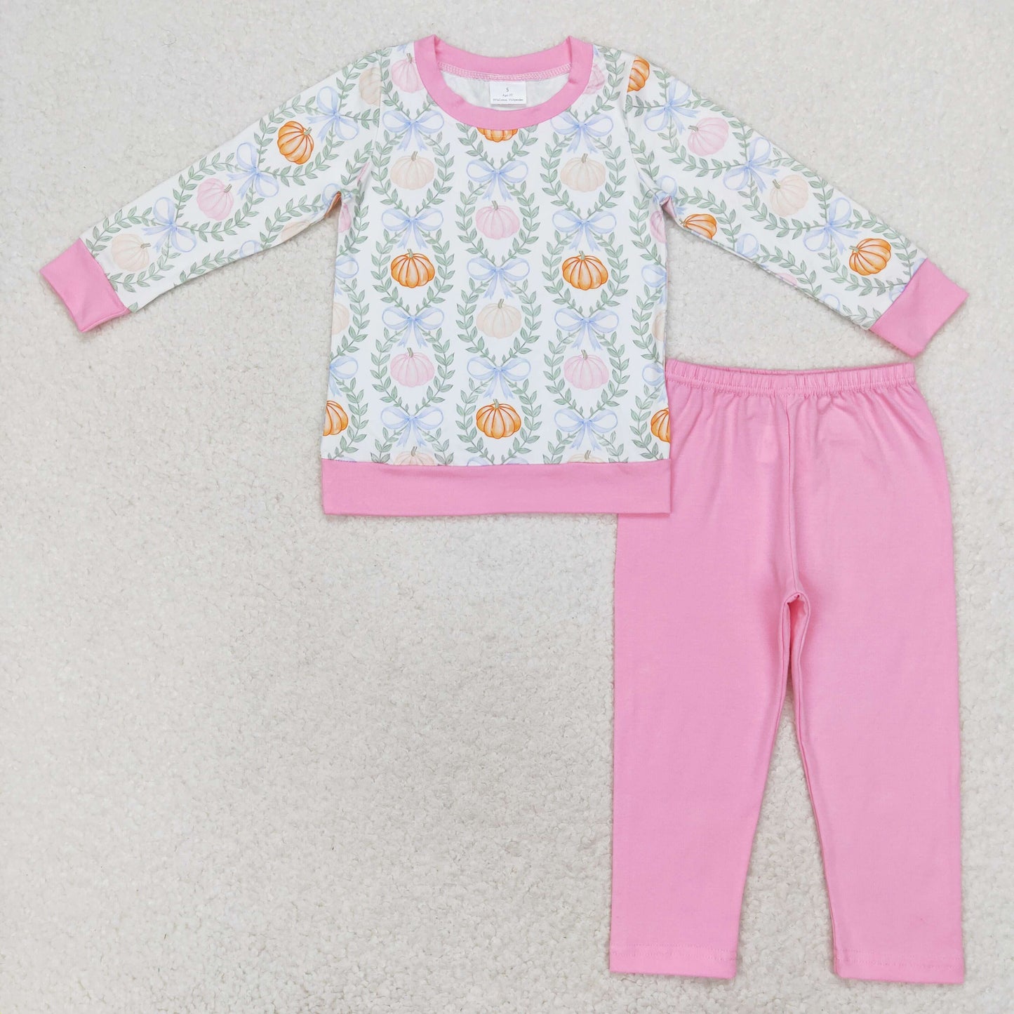 rts no moq GLP1177 Pumpkin leaf bow white long-sleeved pink trousers set