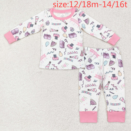 rts no moq GLP1190 Happy birthday birthday cake pink white long-sleeved trousers pajamas set