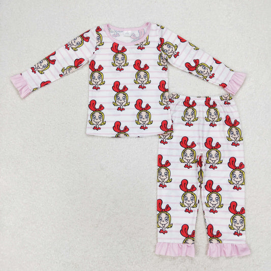 rts no moq GLP1193 Grinch modal girl pink striped lace long-sleeved trousers pajama set