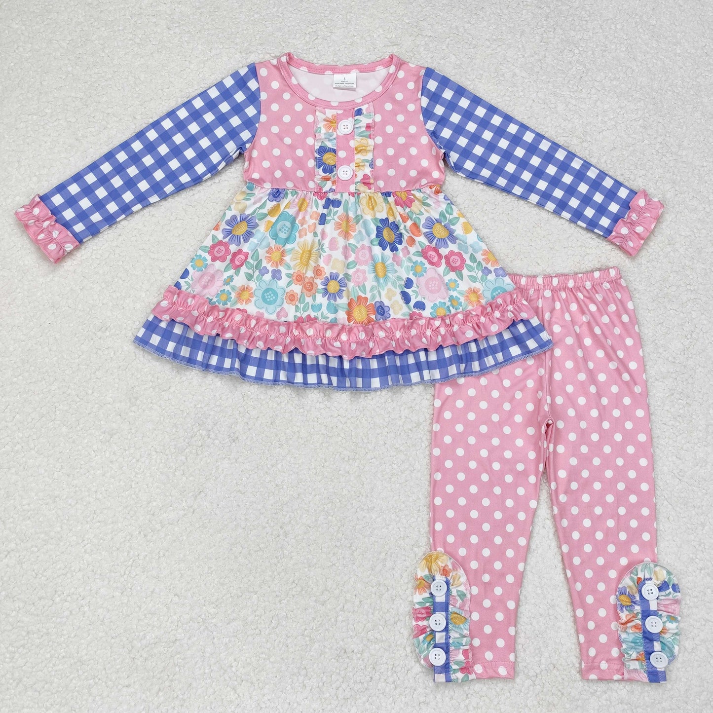 rts no moq GLP1196 Flower polka dot pink lace blue plaid long-sleeved trousers set