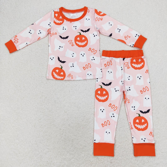 rts no moq GLP1198 boo bat ghost pumpkin lantern pink orange long-sleeved trousers pajamas set