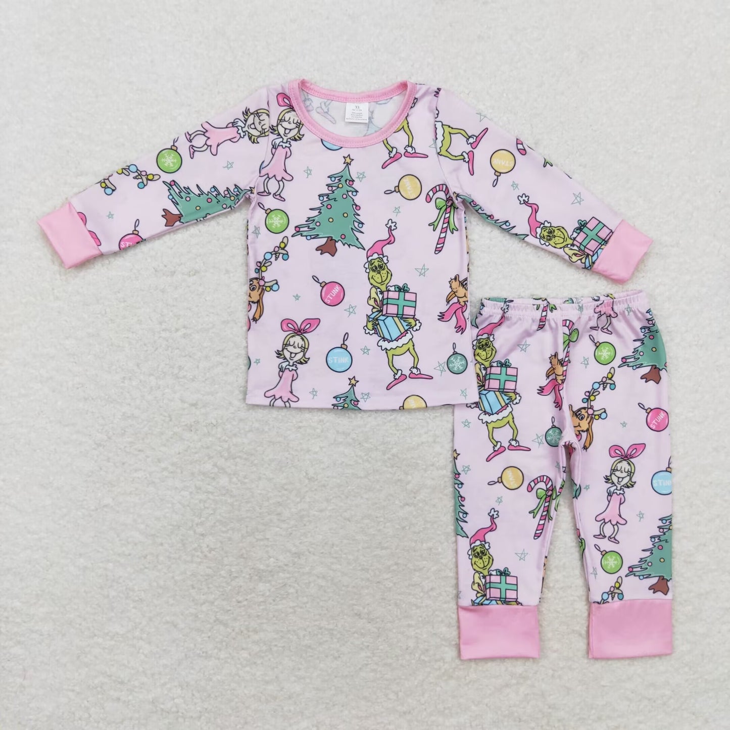 bamboo rts no moq GLP1220 Grinch Modal Christmas Tree Girls Pink Long Sleeve Pants Pajama Set