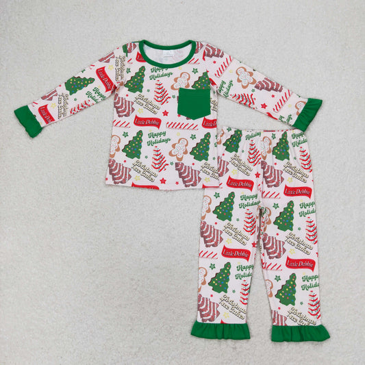 rts no moq GLP1229 Happy holidays Christmas tree cookie green pocket lace long-sleeved trousers pajama set