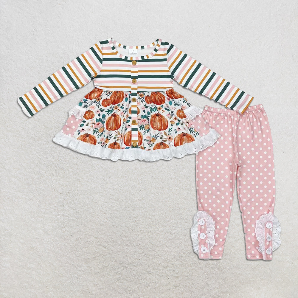 RTS NO MOQ Sibling Baby Girls embroidery pumpkin halloween Long Sleeve Pants Sets