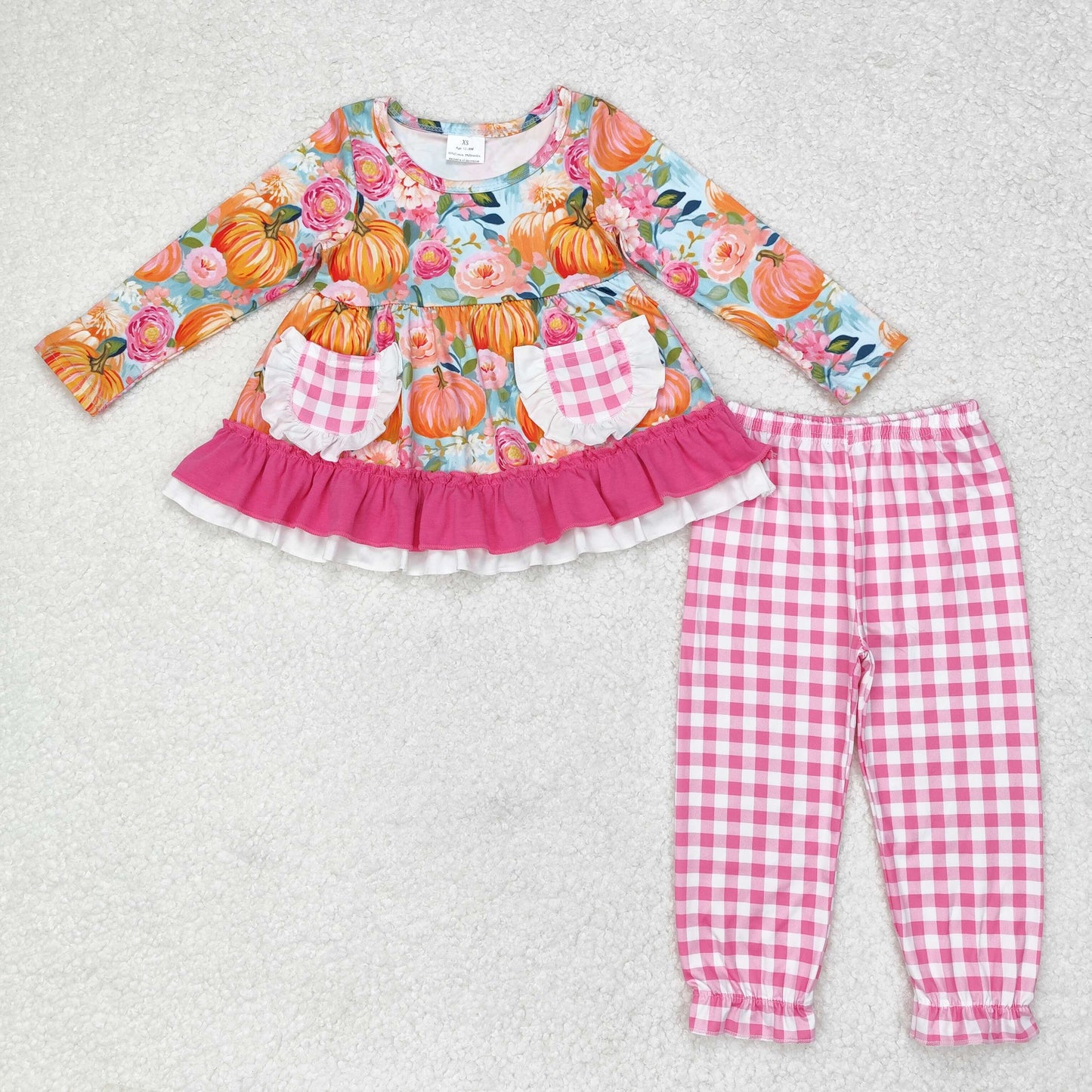 rts no moq GLP1233 Pumpkin flower pink lace plaid pocket long sleeve trousers set