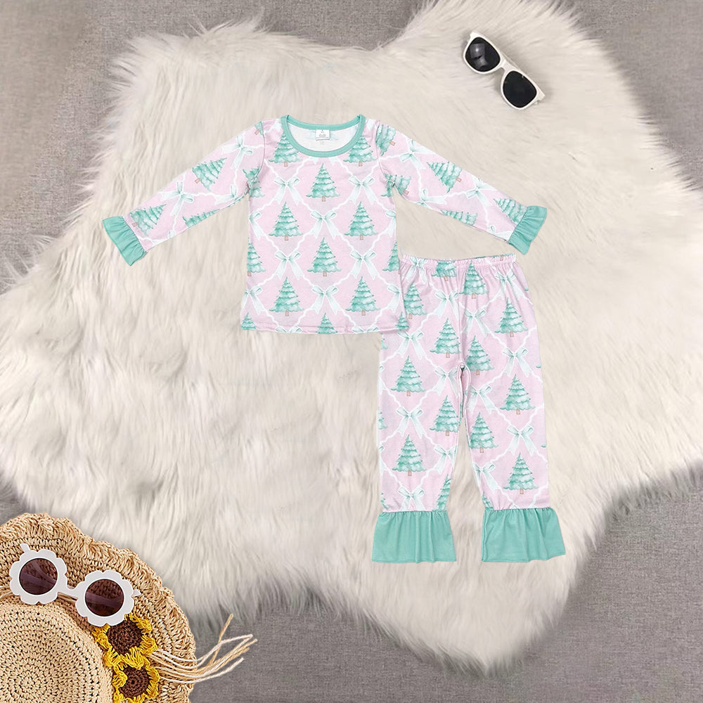 RTS NO MOQ Sibling Baby girls modal Christmas trees bow long-sleeved trousers suit & romper